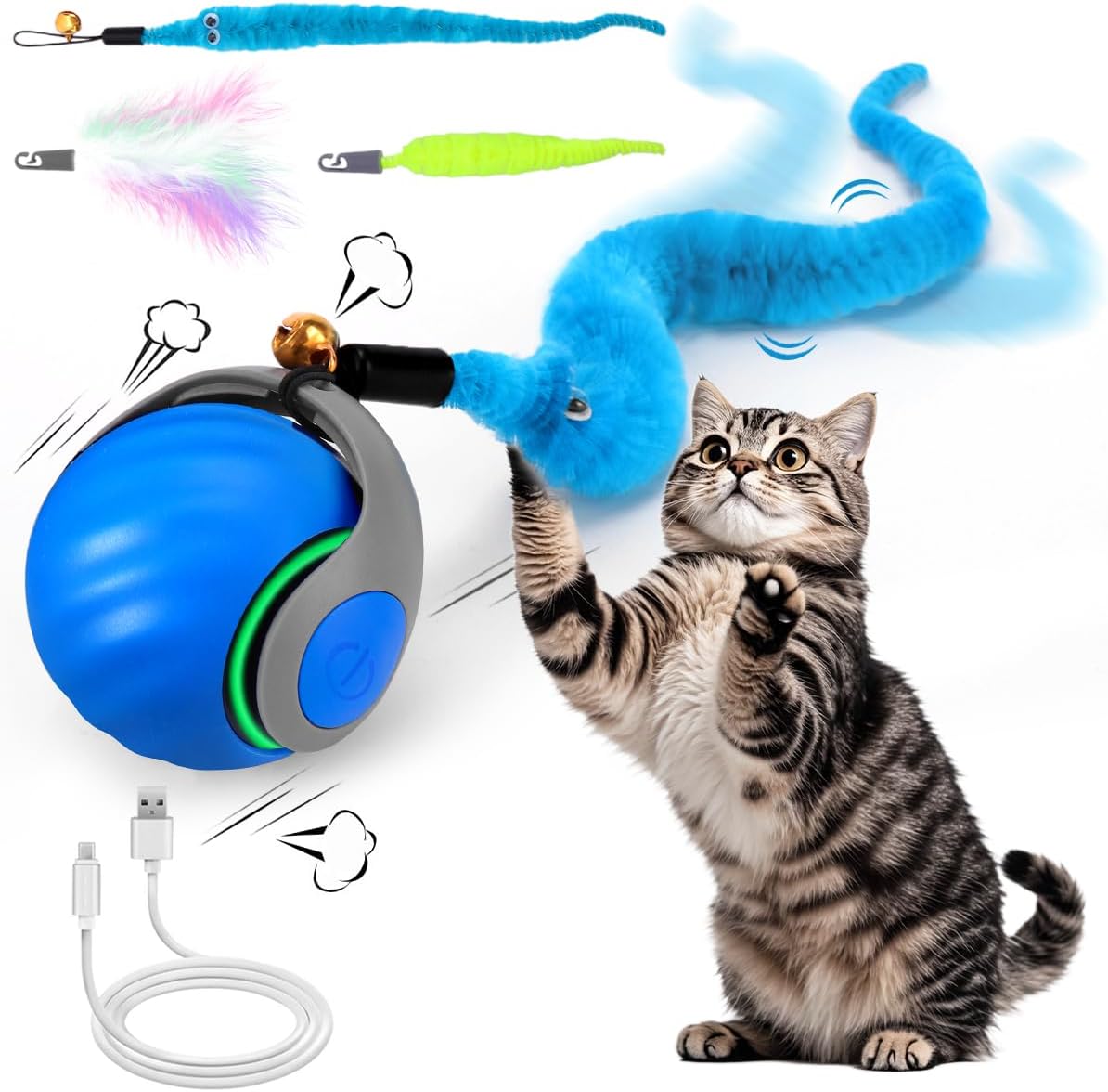 Cat Toy Ball - Speedy Cat Toys for Indoor Cats with Feather Tails for Chasing, Moving Stimulation Smart Cat Toy for Enrichment, Motion Activated Automatic Rolling Toys to Keep Them Busy