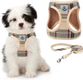 Small Dog Harness and Leash Set,Step in No Choke No Pull Soft Mesh Dog Harnesses Reflective for Extra Small Medium Puppy Dogs and Cats, Plaid Dog Vest Harness for XS S Pets, Beige S